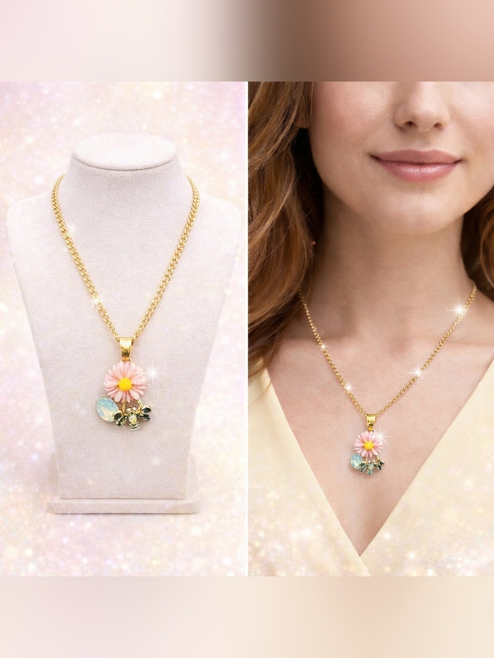 Gold plated Iridescent Crystal pink Daisy honeybee necklace